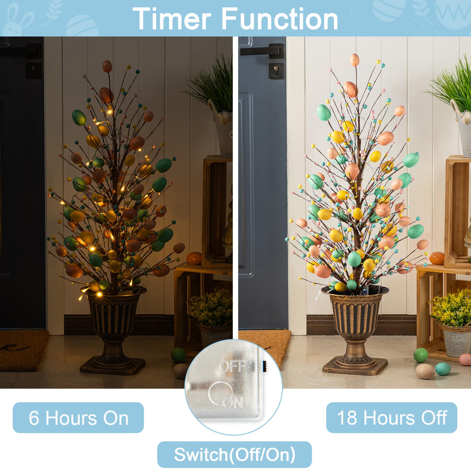 Glitzhome® 36" Lighted Easter Egg & Berries Urn Porch Tree with Timer